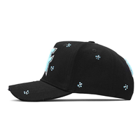 Gorra de béisbol snapback de algodón común de 6 paneles, estilo twill desgastado, con patrón de letras bordadas y logotipo de toalla con pedrería.