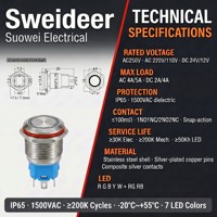 Interrupteur à bouton-poussoir en métal Sweideer, éclairé par LED, étanche, à montage sur panneau, momentané, en acier inoxydable, pour commande industrielle