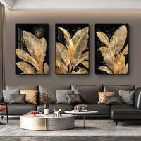 Peintures murales de luxe à feuilles dorées pour fond de canapé, salon, 3 panneaux, peinture en porcelaine cristalline 3D à motifs végétaux