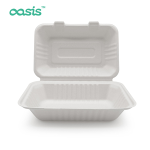 Boîte à lunch personnalisée de 9 pouces en bagasse biodégradable sans PFAS avec couvercle, compatible micro-ondes, marque Oasis - Product Image 6