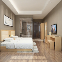 Modernes Holzpaneel-Kingsize-Hotelzimmer-Möbelset mit hellgelbem, quadratischem, weich gepolstertem integriertem Kopfteil