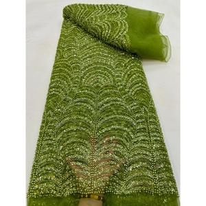 Tessuto in Pizzo Francese con Perline <span class=keywords><strong>Verde</strong></span> 100% Poliestere Ecologico all'Ingrosso, <span class=keywords><strong>Tulle</strong></span> Pesante per Abiti da Sposa di Lusso - Product Image 1