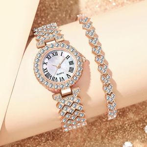 Hot-selling Fashionable Diamond-encrusted Womens Roman Numeral Quartz Bracelet Watch Alloy Band 35mm Dial-wholesale