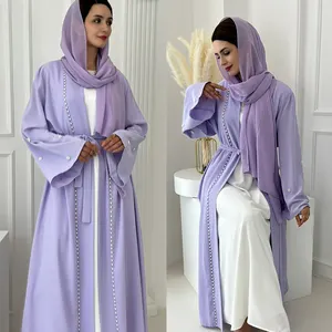 Ramadan perle violet ouvert Abaya avec écharpe femmes musulmanes mode Kimono dubaï turquie Islam Robe Abayas Cardigan Robe Robe de soirée