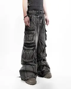 Custom Heavy Craft Street Wear Style Multiple Cargo Baggy Jeans Distressed Washed Cargo Pants Men's Jeans