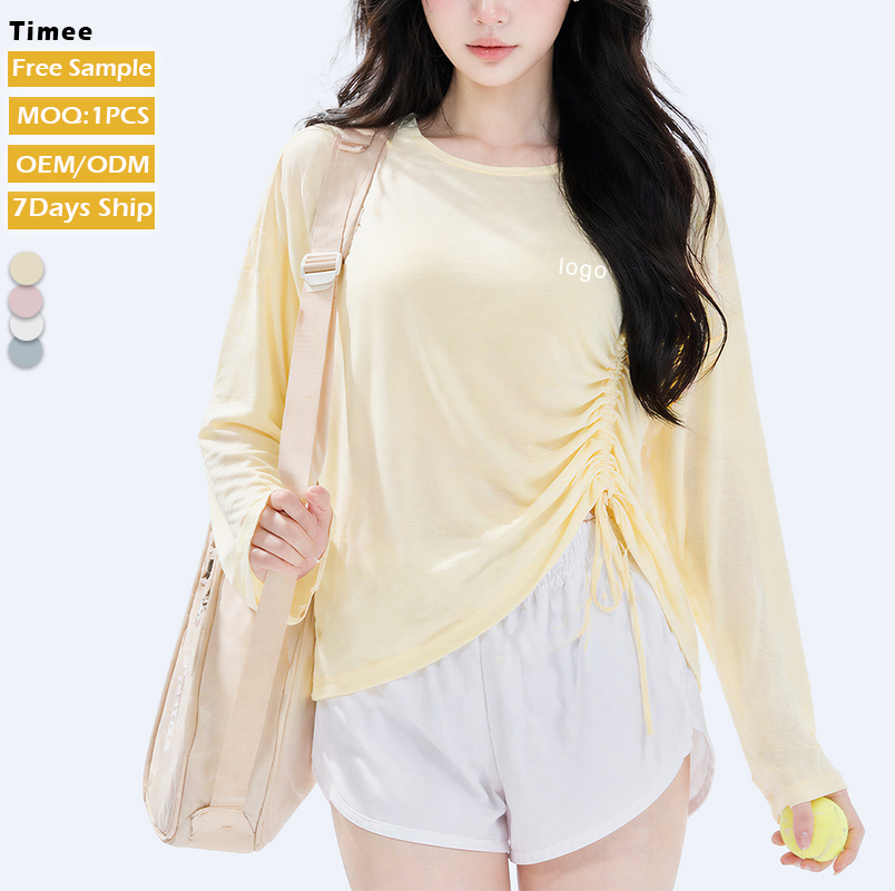 Nude Feeling High Elastic Yoga Top Women Side Waist Drawstring Long Sleeve Slim Fit Fitness Cover up