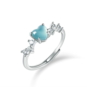 S925 silver set with natural A-grade jadeite blue water heart-shaped <b>ring</b>, icy-grade <b>jade</b>, women's style, adjustable design - Product Image 1