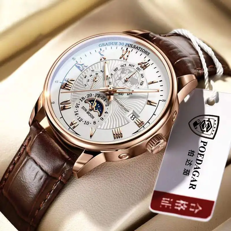 POEDAGAR Luminous Fashion Casual Men Quartz Wristwatches Simple Calendar White Dial Waterproof Leather Strap Men's Watches