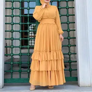 OEM Chiffon Robe Yellow Moroccan Long Layered Muslim Dress Women From Islamic Clothing Ethnic Clothing