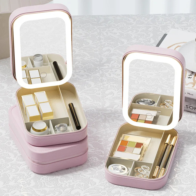 Makeup Storage Box With Led Light Mirror Portable Travel Pu Leather Cosmetics Jewelry Storage Bag 3 Adjustable Brightness