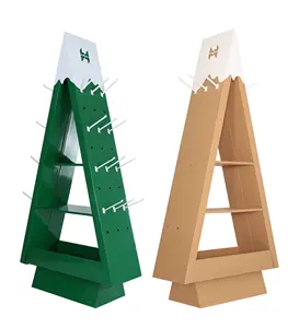 christmas tree shaped hook floor display led bulb corrugated hanging shelf socks hook display gift box cardboard tree display