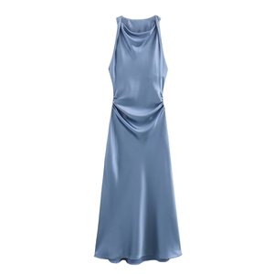 <span class=keywords><strong>Abito</strong></span> elegante da donna senza maniche di media lunghezza nuovo o-collo in vita stretto e dimagrante stile Casual <span class=keywords><strong>abito</strong></span> in raso tinta unita - Product Image 3