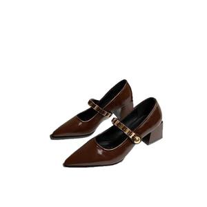 Zapatos de Tacón Medio con Punta en Pico y Correa de Cuero con Hebilla, Zapatos de Mujer con Cristales, Tendencia de Moda, Uso Diario, Primavera Verano - Product Image 5