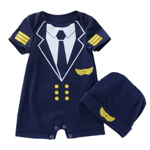 夏季婴儿短袖平角连衣连身裤0-2岁飞行员制服男婴连帽