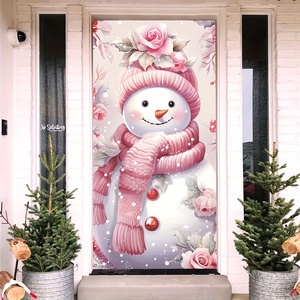 Bandera Navideña Rosa para Puerta, Decoración Estética con Diseño de Muñeco de Nieve y Flores, Cubierta de Poliéster para Puerta Principal, Decoración Festiva para Exteriores del Hogar - Product Image 1