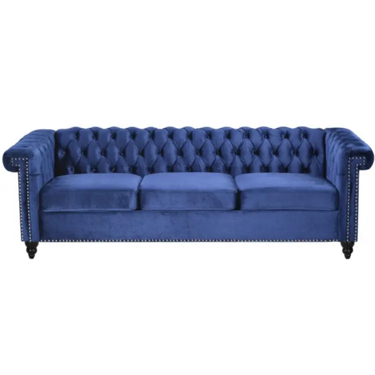 Muebles de sala de estar modernos de alta calidad Sofá de 3 plazas de terciopelo azul Chesterfield copetudo de 83"