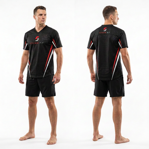 Maillot de football américain Storm Fit pour homme, noir et rouge, col en V, manches courtes, imprimé par transfert thermique, 240g, séchage rapide, 100% polyester mesh - Product Image 1