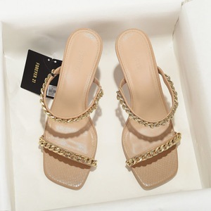 Sandalias de Tacón Alto Cuadrado para Mujer, Talla Grande, Verano, Finas, con Decoración de Cadena Metálica Dorada, para Exteriores, Primavera - Product Image 2