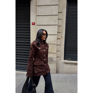 Gabardina de Mujer con Cuello Mao, Color Marrón, Bolsillos Grandes, Material de PU, Algodón Casual, Talla Grande, Personalizable para Primavera y Otoño - Product Image 1