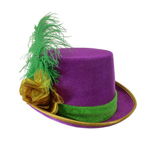 Sombrero de copa Fedora morado Mardi Gras de terciopelo de lujo para adolescentes adultos con accesorio de disfraz de desfile de plumas flexible - Product Image 5