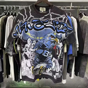 Shining Rhinestone MAJESTIK Men's T-Shirt Washed Cotton Short Sleeve American High Street Oversized Hip Hop Casual Graphic Shirt - Product Image 5