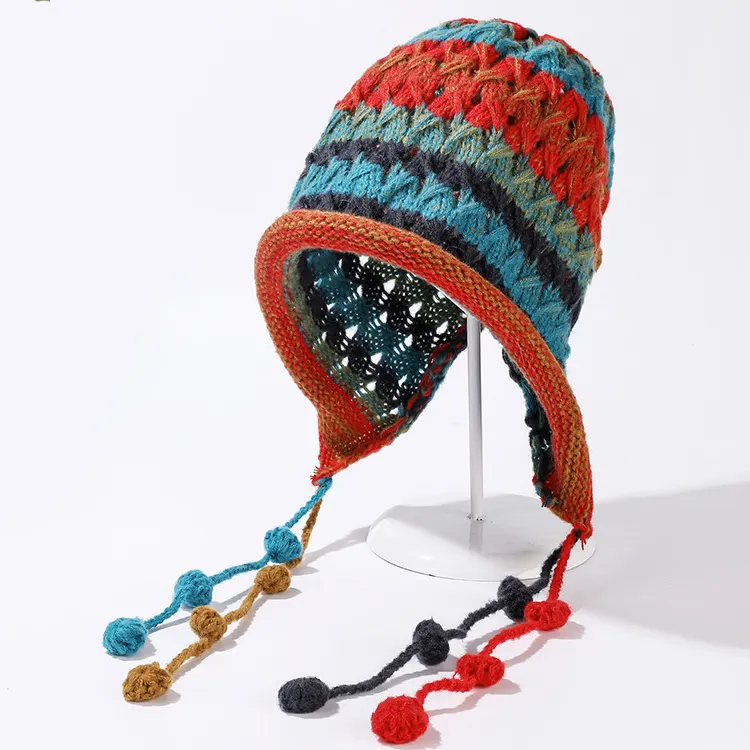 Gorros de punto con cordón de Bola de Pelo con borlas coloridas, protección auditiva, gorros de punto para mujer, gorro de invierno con logotipo personalizado