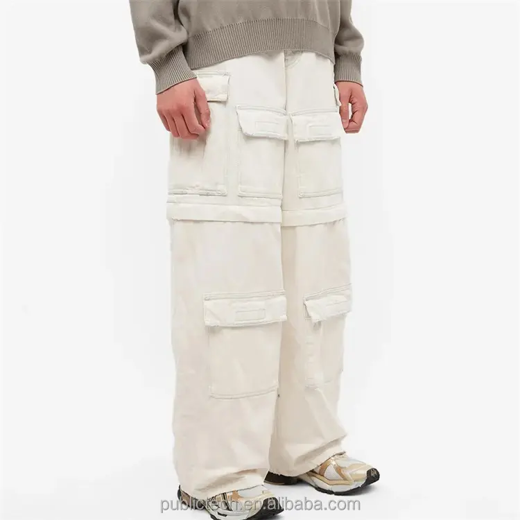 Custom beige zip off at the knees shorts multiple pockets oversized cargo pants for men