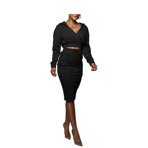 Juven, gran oferta, conjuntos de falda de dos piezas, Top corto de manga larga para mujer, Sudadera con capucha y faldas hasta la rodilla para mujer, conjuntos de 2 piezas de trabajo - Product Image 3