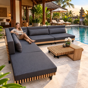 Sofá Seccional con Estructura de Madera de Teca y Cojín Gris Oscuro para Villa junto a la Piscina - Product Image 2
