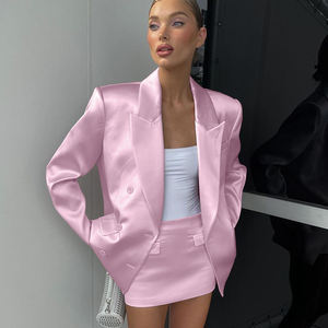 双排扣时尚办公正装粉色绸缎女装套装套装两件套西装外套迷你裙套装女 - Product Image 1