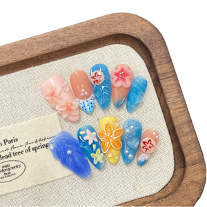 Uñas de Almendra 3D con Diseño Floral Hecho a Mano, Estilo Océano Azul, Uñas Desmontables, Set de Arte de Uñas, Dedos Artificiales Hechos a Mano - Product Image 1