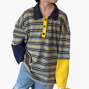 Polo à manches contrastées pour enfants, ensemble deux pièces, nouveau style printemps-automne 2026, t-shirt à manches longues pour garçons, haut rayé ample - Product Image 1