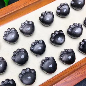 Wholesale Price 15mm Natural Silver Obsidian Crystal Cat Paw Carving Beads For Pendant Bracelet Making