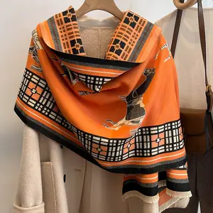 2022 retro new ladies stylish double sided pashmina shawl stole luxury designer horse pattern women warm cashmere scarves winter