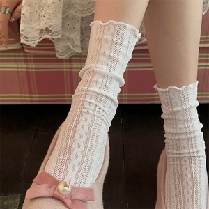 Chaussettes fines d'été <span class=keywords><strong>en</strong></span> tricot antidérapantes pour femmes, style Mary Jane, chaussettes à effet froissé, style ballet, ajourées, mi-mollet - Product Image 2