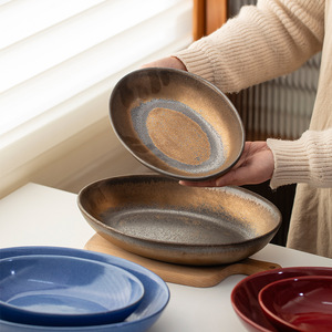 Assiette à poisson ovale en céramique, en grès, faite à la main, style Wabi Sabi, vaisselle pour la maison et les réceptions - Product Image 1