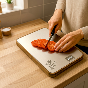 Planche à découper en acier inoxydable double usage STEEL OAK CHOPPING avec cadre en bois, 250 x 350 mm, pour légumes, fruits, pâte - Product Image 3