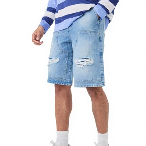 Shorts Bermuda en jean déchiré bleu clair pour homme, taille mi-haute, fermeture élastique, style décontracté, tissu 100 % coton tissé - Product Image 1