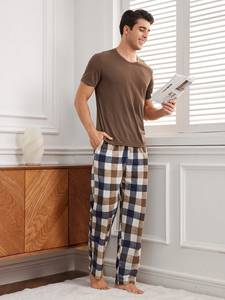 Top estivo a manica corta <span class=keywords><strong>da</strong></span> <span class=keywords><strong>uomo</strong></span> in <span class=keywords><strong>pigiama</strong></span> di cotone Plaid pantaloni <span class=keywords><strong>da</strong></span> salotto pigiami in bambù per <span class=keywords><strong>uomo</strong></span> - Product Image 3