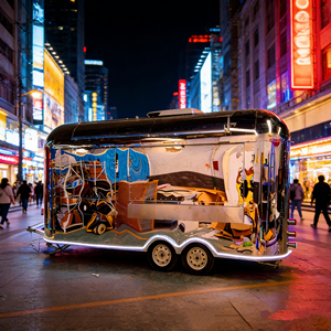 Chariot de vente en acier inoxydable épuré de style Airstream rétro pour la vente de desserts et de boissons avec des roues à roulement fluide - Product Image 4