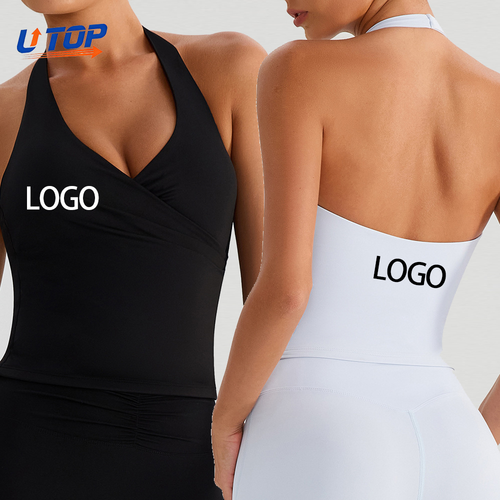 Women High Supportive Breathable Active Running Yoga Halter Crop Top V-Neck Crisscross Gym Workout Built-In Bra Tank Top Front