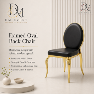 Chaise de mariage ronde en acier inoxydable doré avec dossier médaillon noir et revêtement noir pour mariages et événements de banquet - Product Image 1