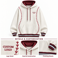 Sweat à capuche crème pour homme avec doublure contrastante, bordure côtelée rayée, poche kangourou, style preppy décontracté, logo personnalisé, vente en gros OEM ODM