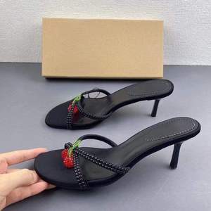 Zapatos de Tacón Alto de Moda 2026 de Alta Calidad con Adorno de Cereza y Cuentas, Tacones Finos Negros con Punta Abierta para Mujer - Product Image 3