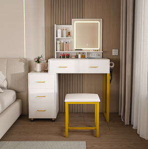 Modern Makeup Vanity <b>Table</b> with LED Lights & 3-Color Power Outlet 5 Drawers Sturdy Metal <b>Legs</b> & Chair for Bedroom/Living Room - Product Image 2