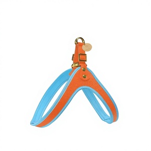 Harnais pour chien de haute qualité, fait main en cuir véritable avec boucle à dégagement facile - Orange et bleu - Product Image 1