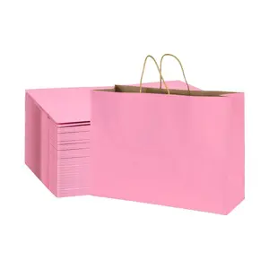 定制标志粉色礼品袋大16x6x12英寸牛皮纸袋，带手柄散装糖果购物袋，用于食品杂货