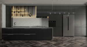 <span class=keywords><strong>Cuisine</strong></span> en U : crédence en marbre foncé, <span class=keywords><strong>hotte</strong></span> aspirante flottante, étagères ouvertes avec éclairage d'ambiance, luxe culinaire fonctionnel - Product Image 6