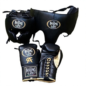 ชุดอุปกรณ์ชกมวย No Boxing No Life ประกอบด้วยนวมชกมวยและหมวกป้องกันศีรษะ สีทองดำ แบบผูกเชือก สำหรับฝึกซ้อมและแข่งขัน สำหรับผู้ใหญ่ ทำจากหนังระบายอากาศได้ดี ปิดนิ้วมือเต็มรูปแบบ - Product Image 1