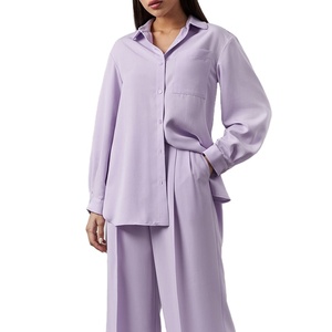 Casual nuovo Design collo basso maniche lunghe <span class=keywords><strong>con</strong></span> bottone anteriore <span class=keywords><strong>con</strong></span> spacco laterale camicia semplice camicetta <span class=keywords><strong>con</strong></span> <span class=keywords><strong>cintura</strong></span> da donna - Product Image 1